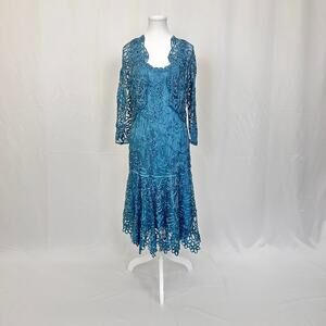 Soulmates Teal Dress With Jacket Two Piece Handmade 100% Silk Crochet Size L NWT